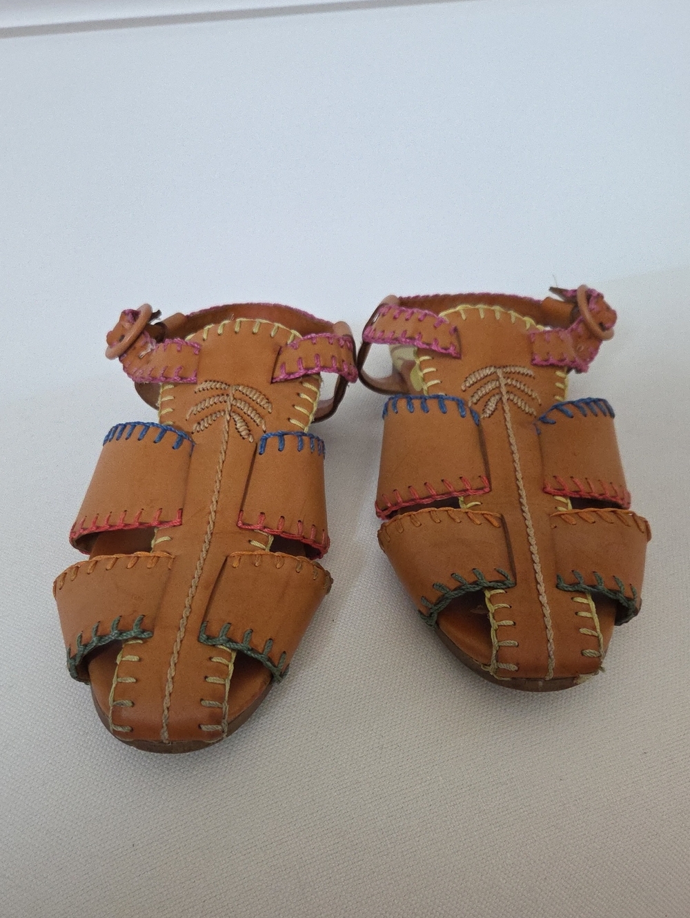 Farm Rio Handstitched Tan Leather Sandals with Multicolor Stitching 8.5
